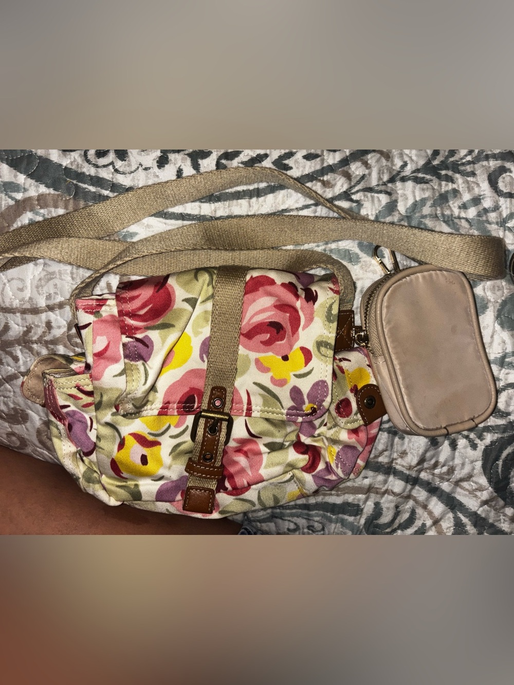 Fossil Floral Canvas Crossbody in Cream with Pink and Yellow Accents